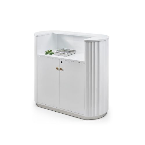 Modern white storage cabinet with doors.