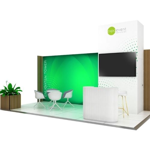 Modern exhibition stand with green accents