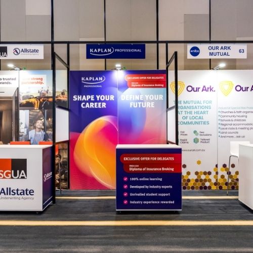 Exhibition stands promoting career development.