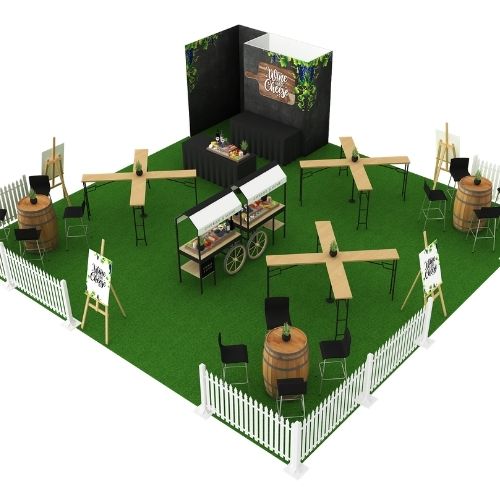 Outdoor event space with tables and decor