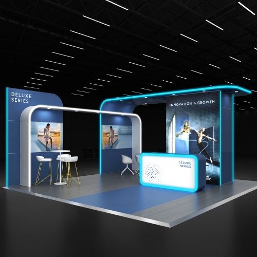 Modern exhibition stand with vibrant lighting