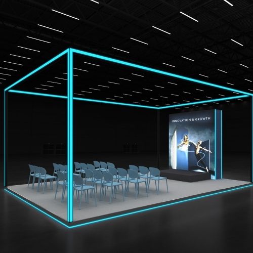Modern exhibition space with seating.