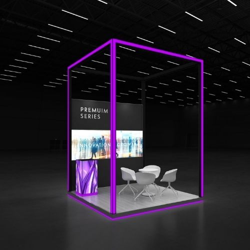 Modern exhibition stand with vibrant lighting